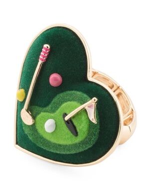 Betsey Johnson Gold Plated Golf Heart Ring Green Stretch Band NWT